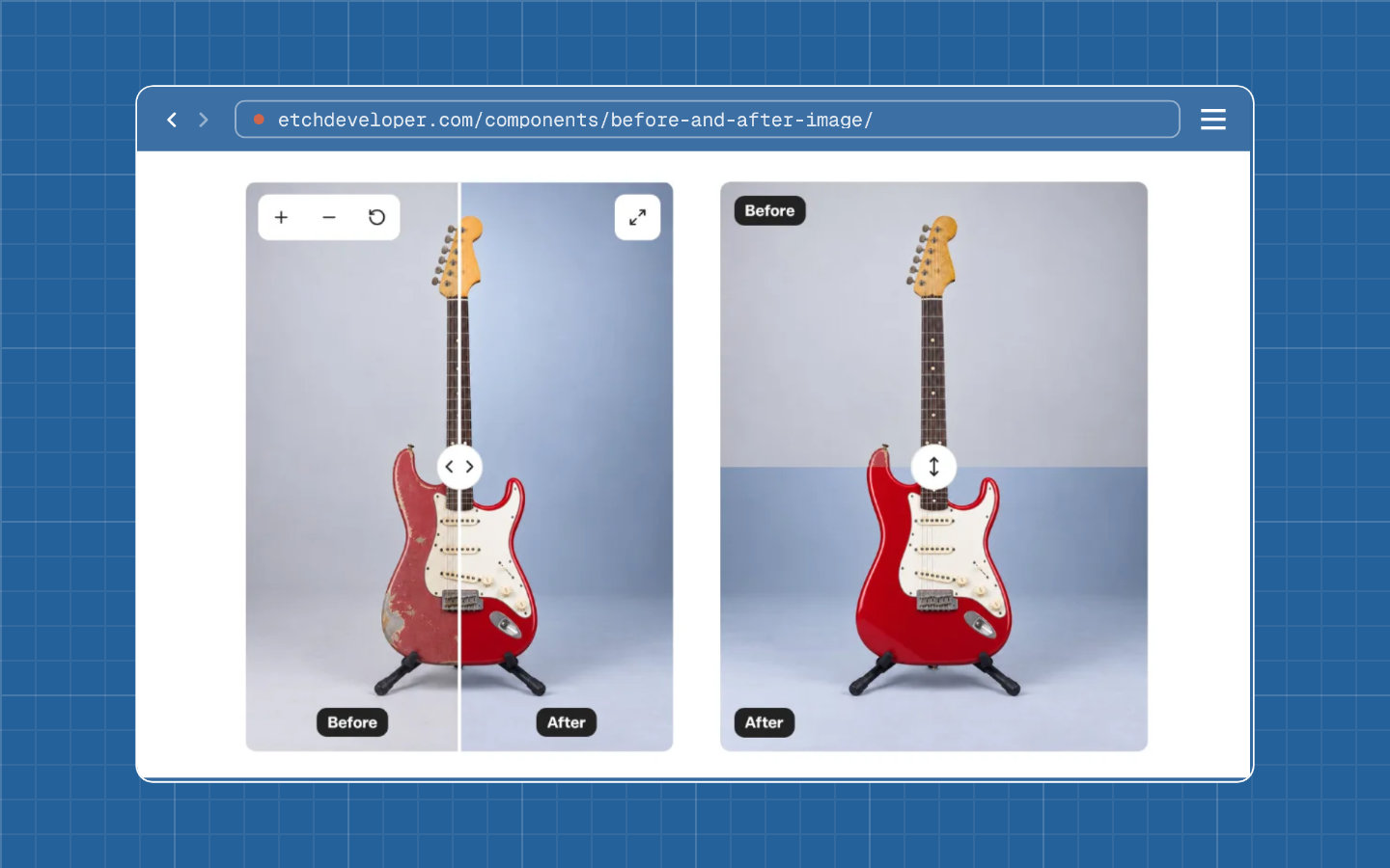 Before / After Image component comparing two photos of a guitar